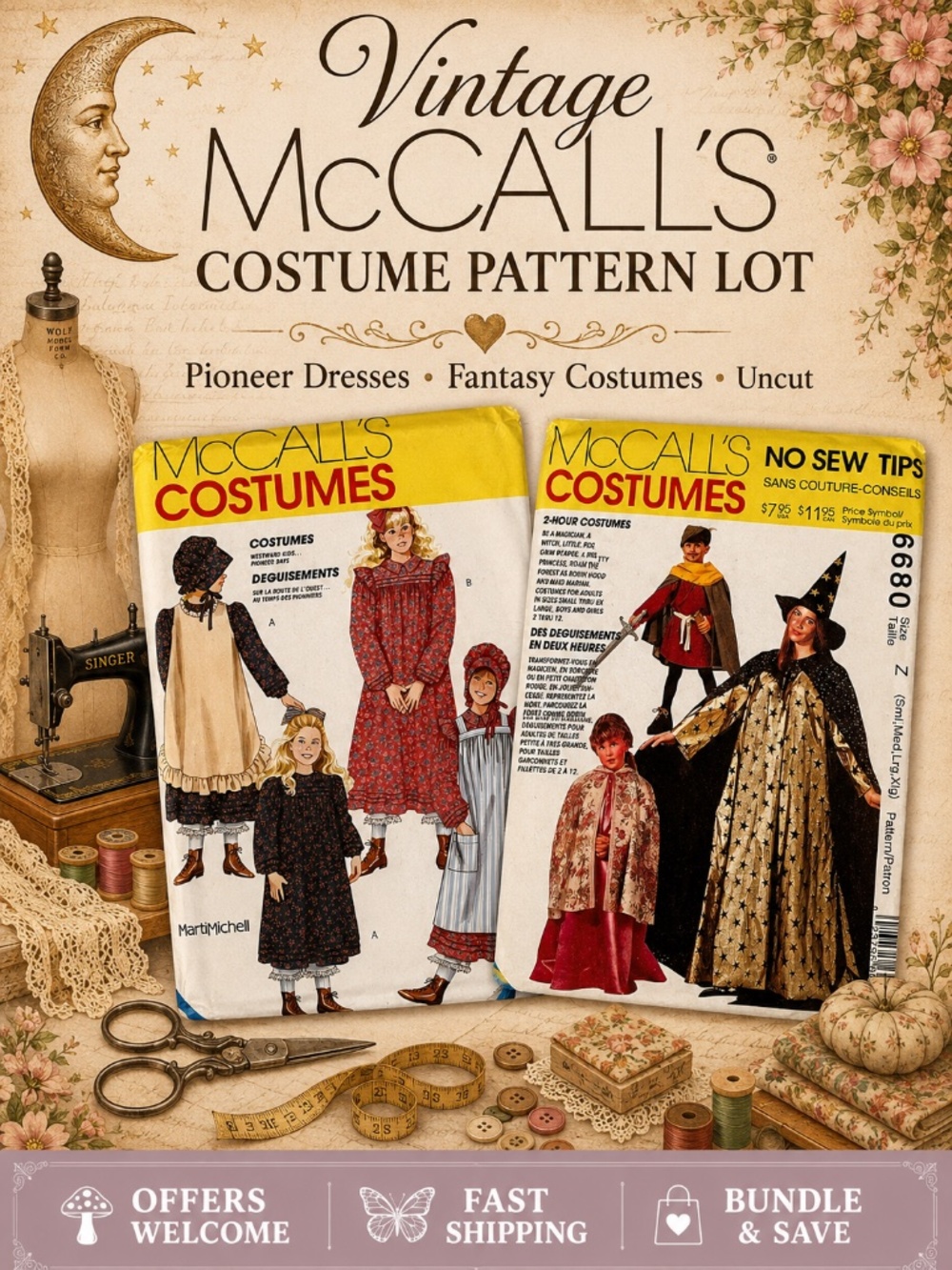 Lot of 2 Vintage McCall’s Costume Patterns Pioneer & Fantasy Uncut